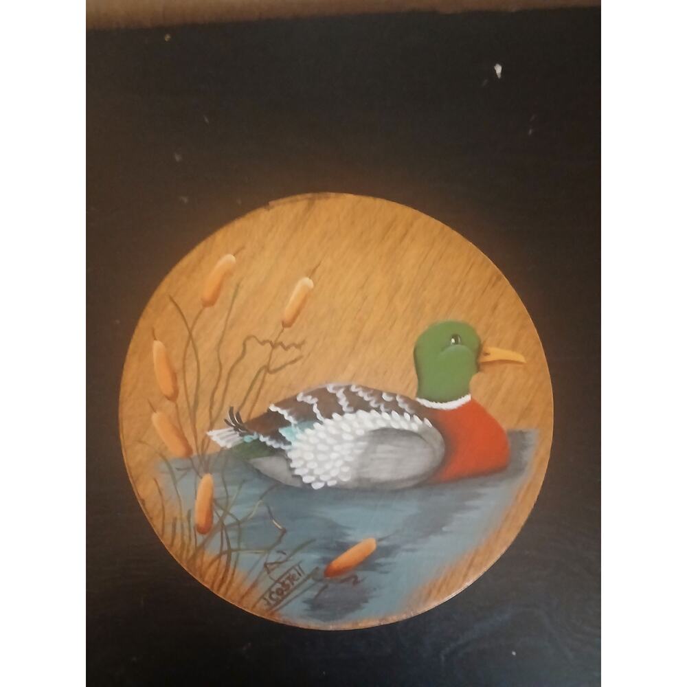 Hand-painted wooden round box with mallard duck motif & removable Lid